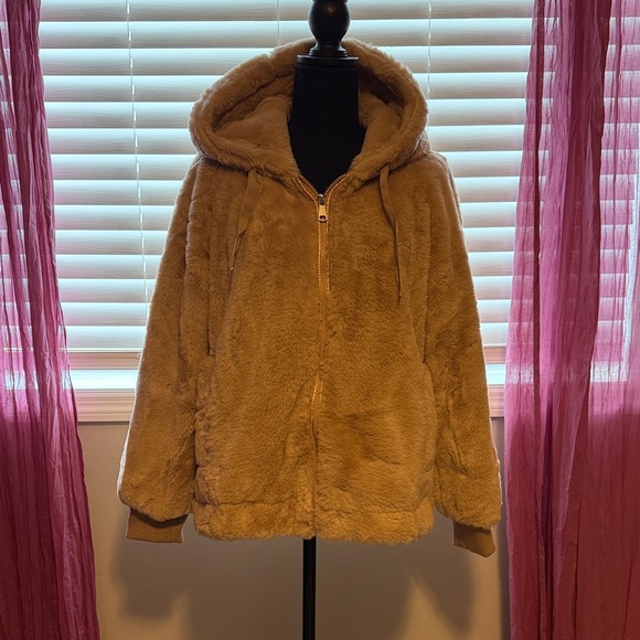 Cozy Tan Faux Fur Hooded Jacket - Picture 1 of 9